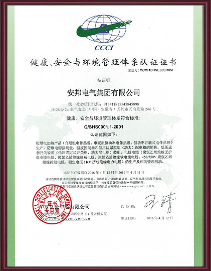 健康、安全與環境管理體系認證證書中文版